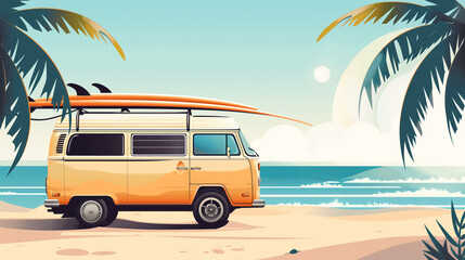 Illustration of a minivan on a beach between palm trees.  Surfboard on the minivan.