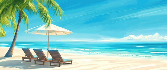 Relaxing view on a tropical beach with palms and umbrellas. Beautiful sun set. Summer vacation and travel concept.