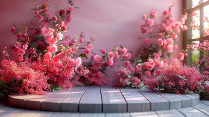 Fototapeta na wymiar Pink Flowers on Wooden Platform