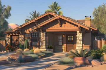 A cozy craftsman bungalow facade adorned with subtle sandstone tones, nestled in a desert oasis.