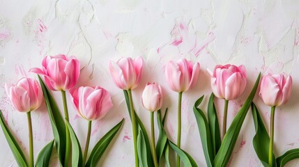 Beautiful bunch pink tulips flower spring row on a white background. AI generated image