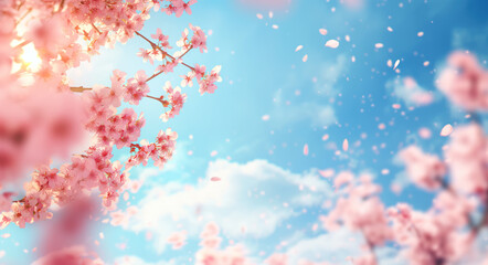 Fototapeta na wymiar Pink spring cherry blossom. Cherry tree branch with spring pink flowers with empty space in the center.