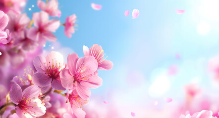  Pink spring cherry blossom. Cherry tree branch with spring pink flowers with empty space in the center.