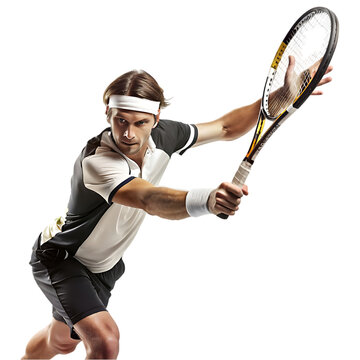 man wearing sportwear playing tennis isolated on white background.