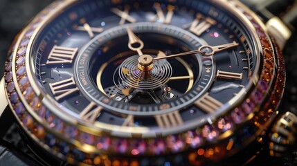 Fototapeta na wymiar Close Up of Luxury Wrist Watch With Roman Numerals