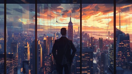 Businessman in Office Window Overlooking City