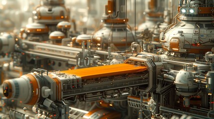 Factory with robotic line and orange conveyor