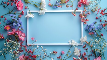 Beautiful flowers and white frame layout on light blue background. AI generated image