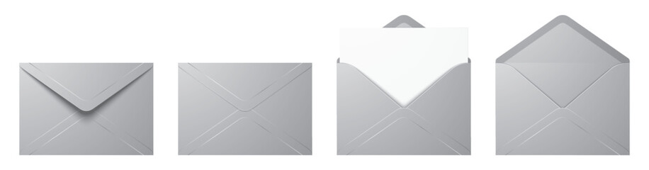 Vector set of realistic silver color envelopes in different positions. Folded and unfolded luxury envelope mockup isolated on a white background.