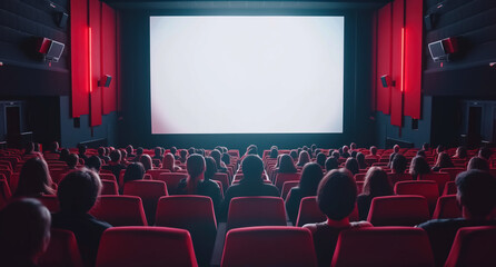 Mockup white screen in theater. Crowded cinema with empty white screen.
