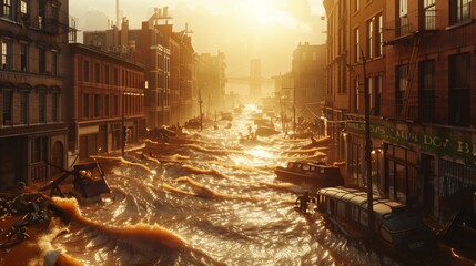 City Street Flooded at Sunset