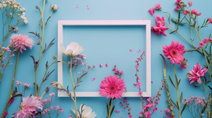 Beautiful flowers and white frame layout on light blue background. AI generated image