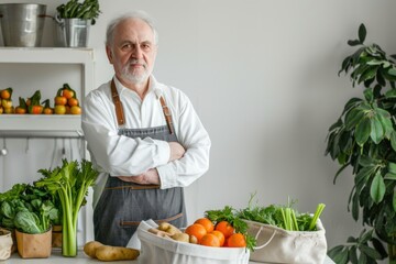 old man. canvas bag with fruits, vegetables and herbs. celery. nutritionist caring for nutrition in old age. ordering food