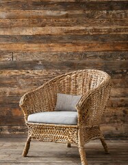 wicker armchair on wooden background