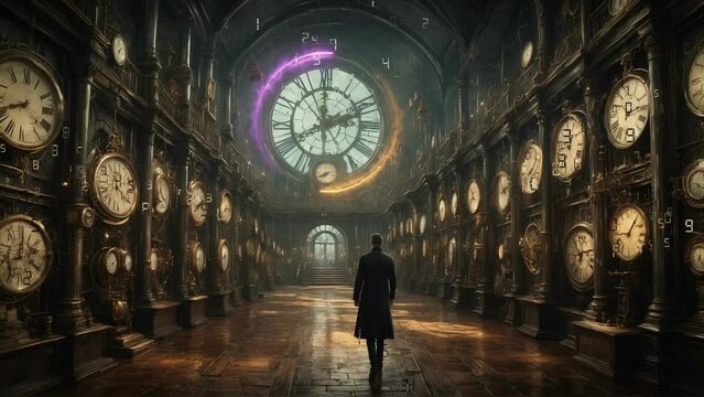 Man on passage of time machine loop animation
