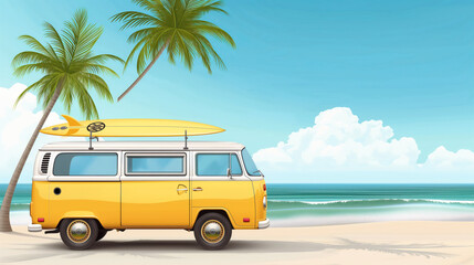 Illustration of a minivan on a beach between palm trees. Surfboard on the minivan.