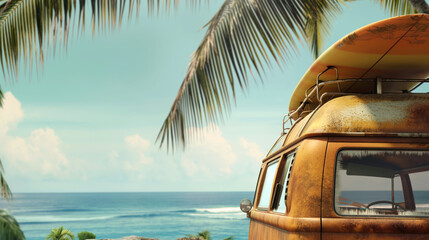 Illustration of a minivan on a beach between palm trees. Surfboard on the minivan.