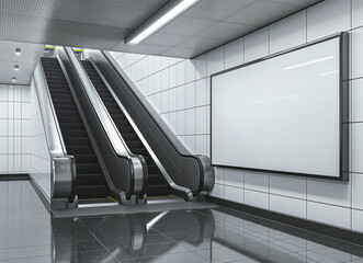 Blank advertising billboard in the subway. Mock up, blank white billboard 