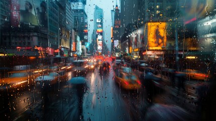 Rainy Urban Street Through Glass - obrazy, fototapety, plakaty