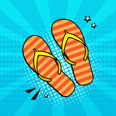 Comic summer flip flop, cartoon sandal, tropical shoe, humor footwear on blue background in pop art style. Funny vector illustration