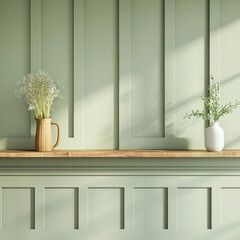 Green empty wall with wooden shelf with flowers in kitchen.