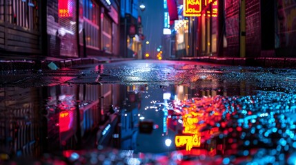 Neon Reflections on Wet City Streets