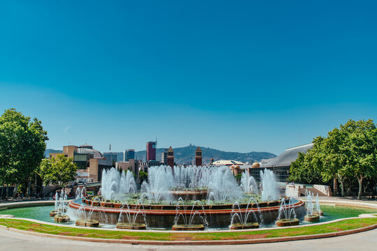 Barcelona, Spain - July 19, 2018: Montjuic fountain on Plaza de Espana