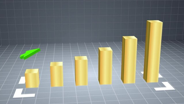 Golden 3d bar graph chart with up arrow, On the stock market,4k resolution.