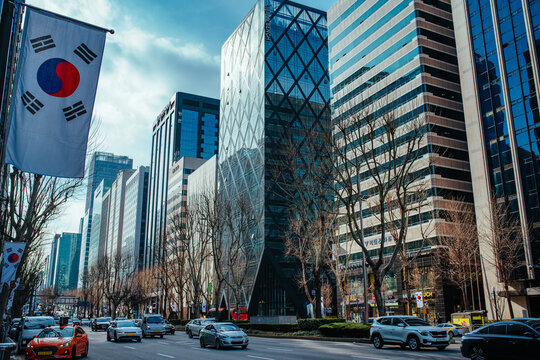 Seoul, South Korea - February 27, 2024: Urban area with high-rise buildings, Teheran-ro street