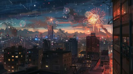 Fireworks Over Urban Skyline at Night