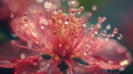 Close up of a flowering plant with water drops on its petals, showcasing the beauty of nature and the intricate details of this terrestrial organism
