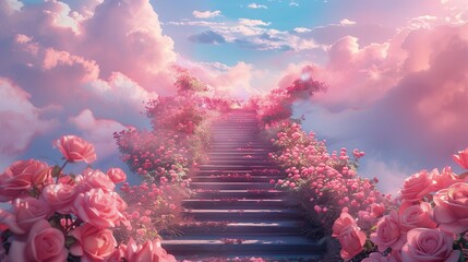 Stairway Ascending to Pink Flower-Filled Sky