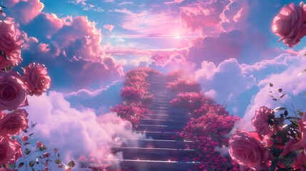 Staircase Ascending to Pink Flower-Filled Sky - obrazy, fototapety, plakaty
