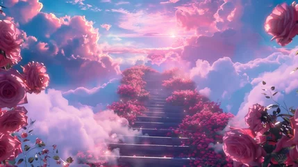 Papier Peint photo Lavable Violet Staircase Ascending to Pink Flower-Filled Sky