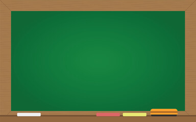 Layout Background of Rectangle School Green Blackboard with Wooden Frame, Chalk and Eraser - Vector