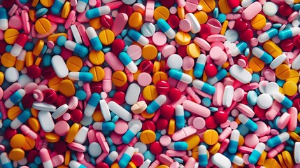 Fototapeta na wymiar Colorful Pills Piled on Table