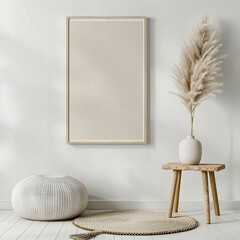 Poster with wooden frame in cozy home interior background light beige colors.
