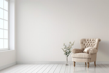 Room interior has armchair on empty white wall background. - obrazy, fototapety, plakaty