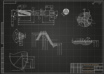 Mechanical engineering drawings on black background. Tap tools, borer. Technical Design. Cover. Blueprint. Vector illustration.