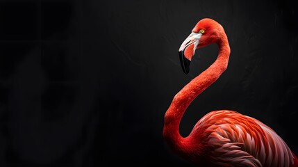 portrait of a flamingo, photo studio set up with key light, isolated with black background and copy space