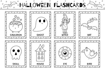Halloween flashcards black and white collection for kids. Flash cards set in outline with cute spooky characters for school and preschool. Learning to read activity for children. Vector illustration - 779228845