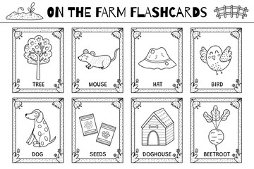 Farm flashcards black and white collection with cute characters and other agriculture elements. Flash cards set in outline for practicing reading skills. Vector illustration - 779228870