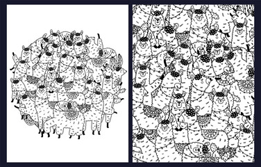 Fototapeta premium Doodle llamas coloring pages set. Black and white templates bundle with cute alpaca animals. Outline background. Vector illustration