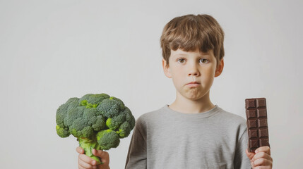 Child Choosing Between Healthy Broccoli and Tempting Chocolate, Decision Making Concept