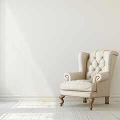 Room interior has armchair on empty white wall background.