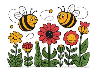 Honey bee on spring flowers illustration