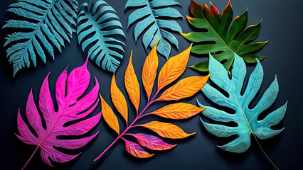 Eye-Catching Backgrounds: Creative Neon Layouts with Tropical Leaves.