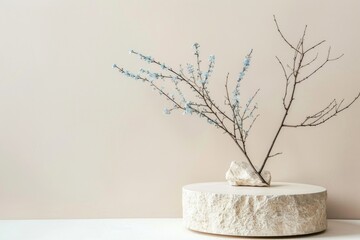 stone pedestal. beige background. stone, turquoise branch. minimalism. product advertising. natural background.