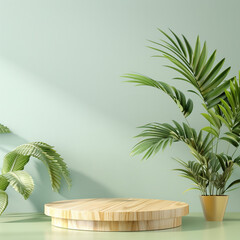 Obraz premium Wooden podium with tropical plants for product presentation on a light green wall background.