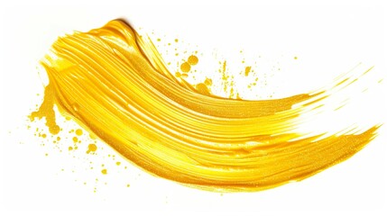 A soft and delicate yellow brushstroke on a white background. Eye-catching bright yellow brushstroke in a thin, wavy shape that suggests flowing liquid or dust.